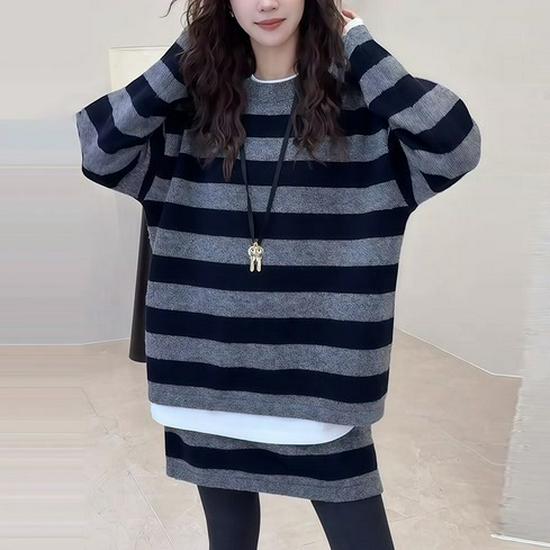 2025 European Plus Size Striped Knit Two-Piece Set: Loose Fit Long Sleeve Sweater & Skirt for Women M чёрный
2025 European Plus Size Striped Knit Two-Piece Set: Loose Fit Long Sleeve Sweater & Skirt for Women M чёрный