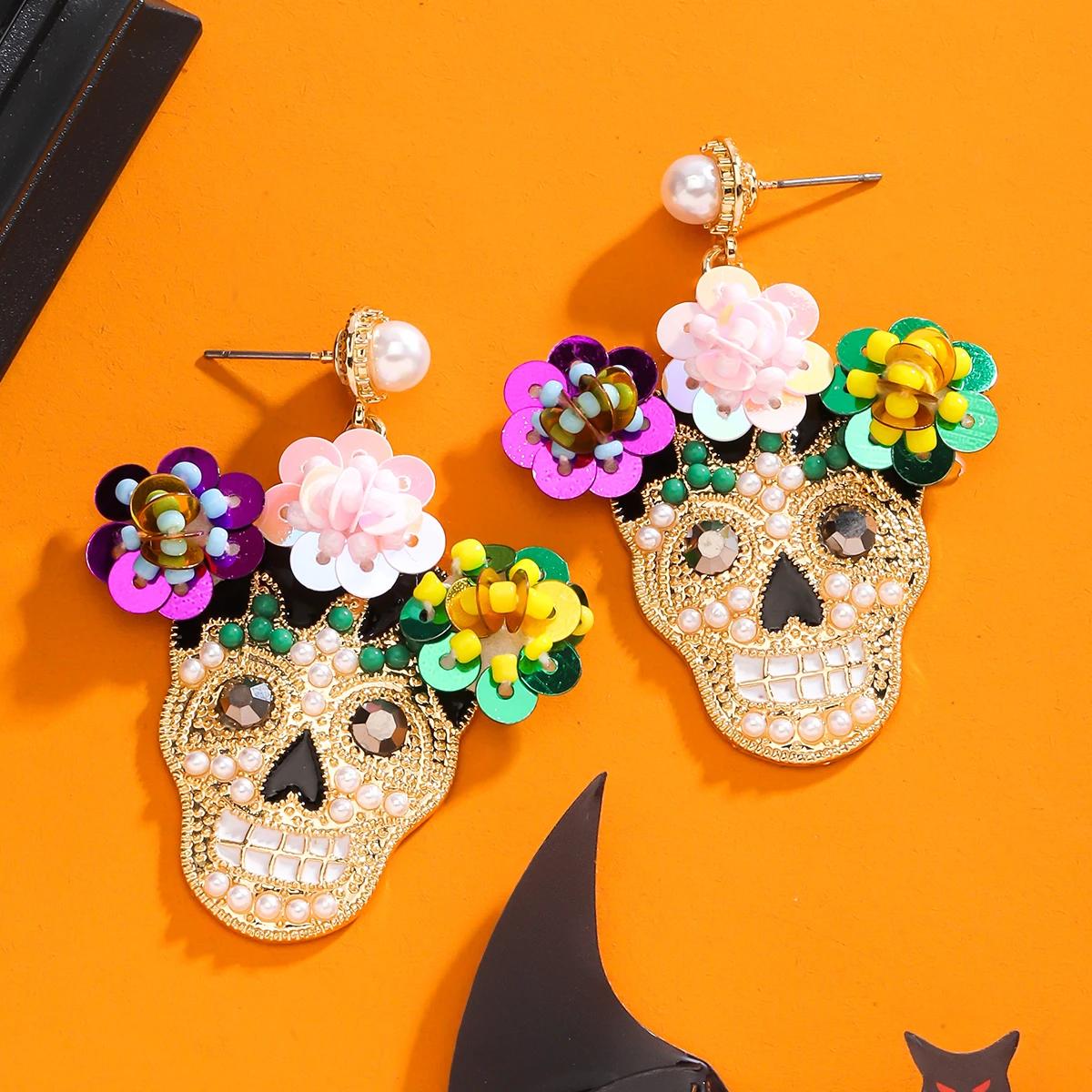 Halloween Colorful Flower Sugar Skull Earrings Zircon Rhinestone Pearls Skeleton Drop Earrings for Women Day of The Dead Jewelry
Halloween Colorful Flower Sugar Skull Earrings Zircon Rhinestone Pearls Skeleton Drop Earrings for Women Day of The Dead Jewelry