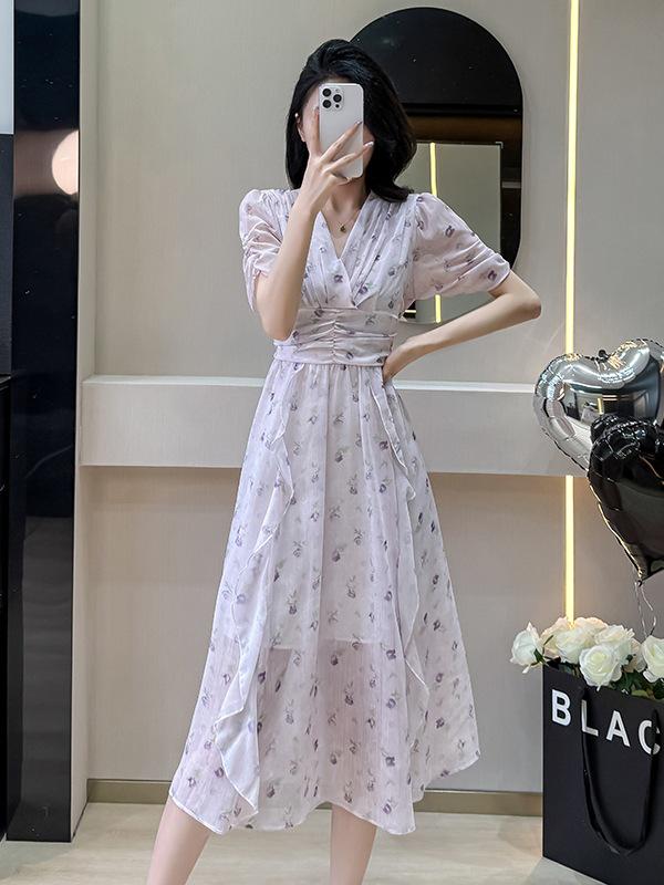 Chiffon Print Puff Sleeve French Collar Dress - Early Summer Sweet Style Large 
Chiffon Print Puff Sleeve French Collar Dress - Early Summer Sweet Style Large