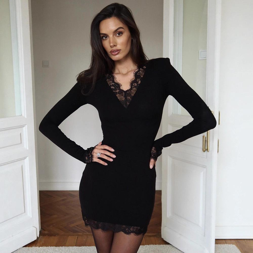 Versatile V-neck Lace Trim Slim Fit Autumn/Winter Dress Large чёрный
Versatile V-neck Lace Trim Slim Fit Autumn/Winter Dress Large чёрный