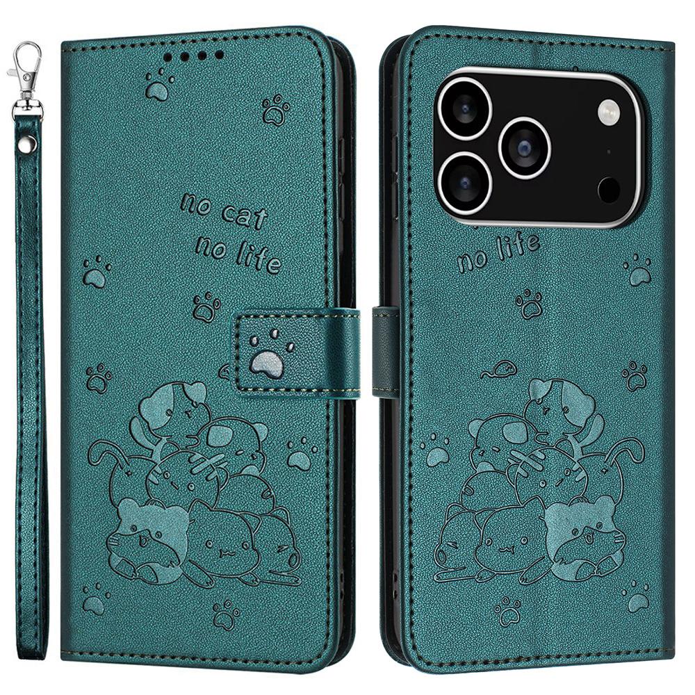 For iPhone 17 Pro Wallet Case Cats Imprint Leather Phone Cover with Strap Blackish Green
For iPhone 17 Pro Wallet Case Cats Imprint Leather Phone Cover with Strap Blackish Green