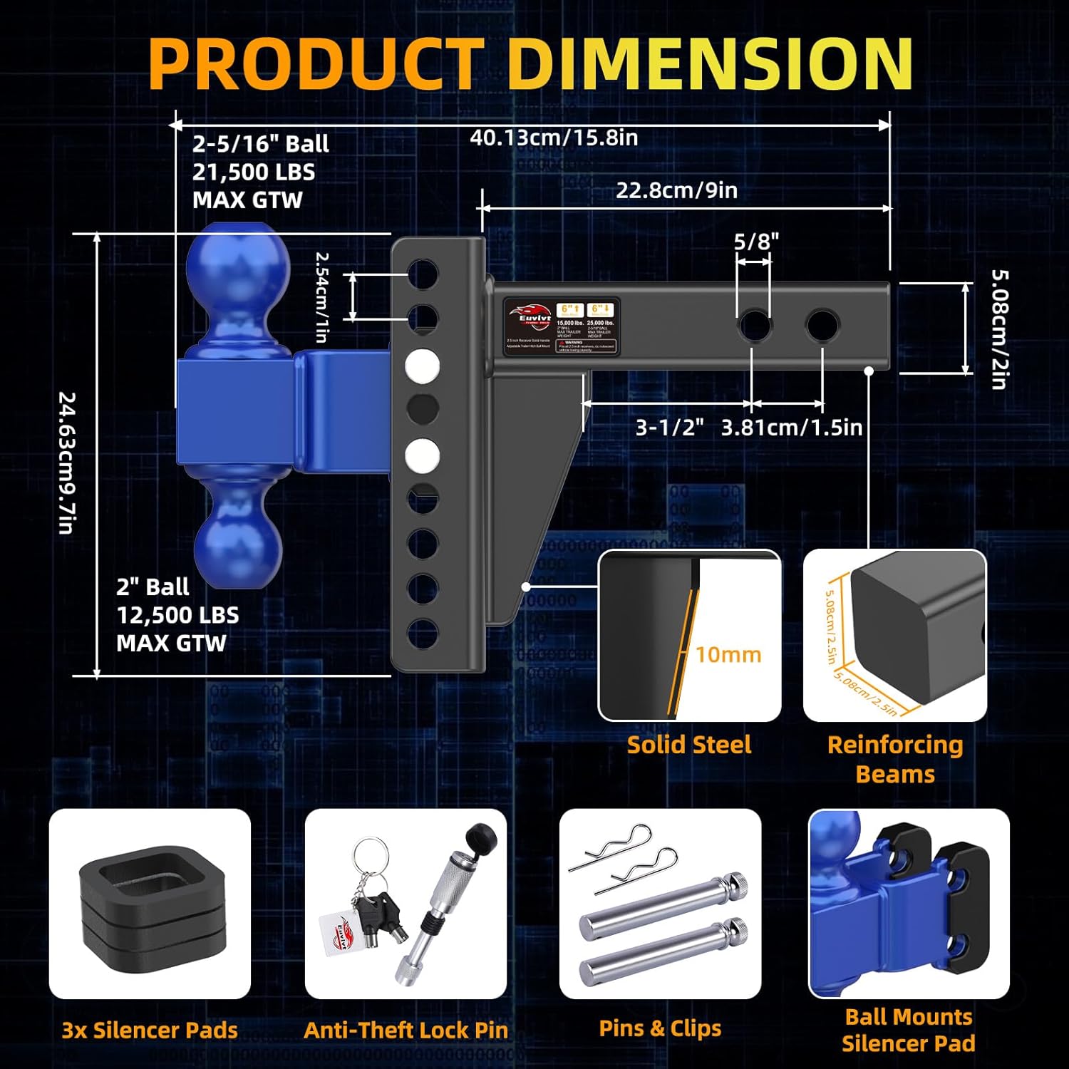 Adjustable Trailer Hitch, 2 Receiver, 6 Drop/Rise, 2 & 2-5/16 Ball, 21,500 GTW, Anti-Theft Locking Pins United States
Adjustable Trailer Hitch, 2 Receiver, 6 Drop/Rise, 2 & 2-5/16 Ball, 21,500 GTW, Anti-Theft Locking Pins United States