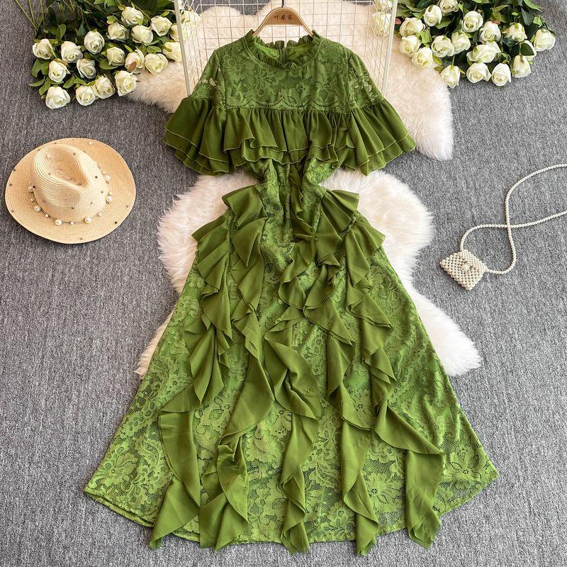 Нежное платье феи Длинное платье для дам Элегантное кружевное с круглым вырезом Отделка талии Приталенное А-силуэт Рюши Летнее Green All yards