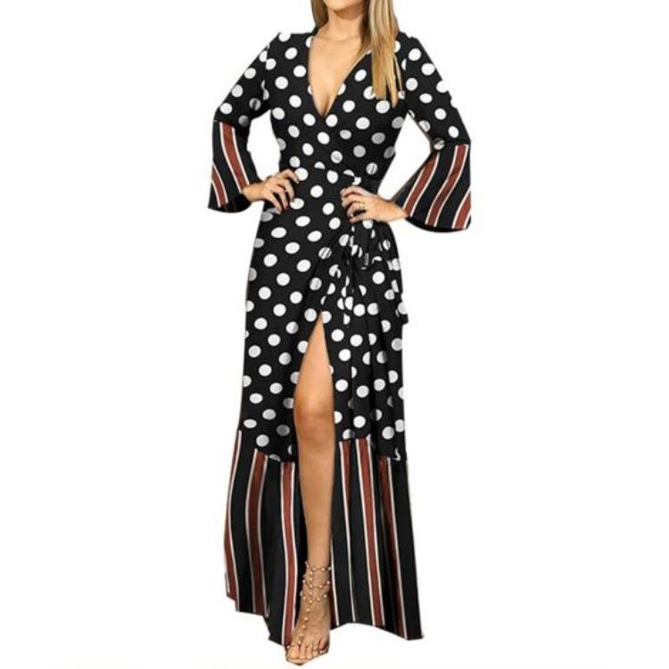 Women s Summer Deep V-Neck Wrap Maxi Dress with Dot Printed Lace Up Long Sleeve Flowy Beach Split Long Dress S чёрный
Women s Summer Deep V-Neck Wrap Maxi Dress with Dot Printed Lace Up Long Sleeve Flowy Beach Split Long Dress S чёрный