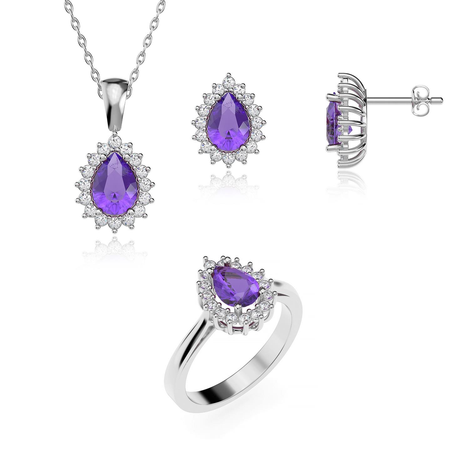 Drop Amethyst Stone Anturage Diamond Mount White Silver Triple Set Ожерелье Серьги Кольцо 10
Drop Amethyst Stone Anturage Diamond Mount White Silver Triple Set Ожерелье Серьги Кольцо 10