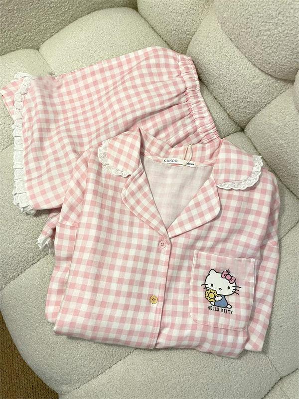 Pink princess style Hello Kitty pajamas women s summer short-sleeved shorts plaid two-piece set soft cute loungewear can be worn outside S
Pink princess style Hello Kitty pajamas women s summer short-sleeved shorts plaid two-piece set soft cute loungewear can be worn outside S