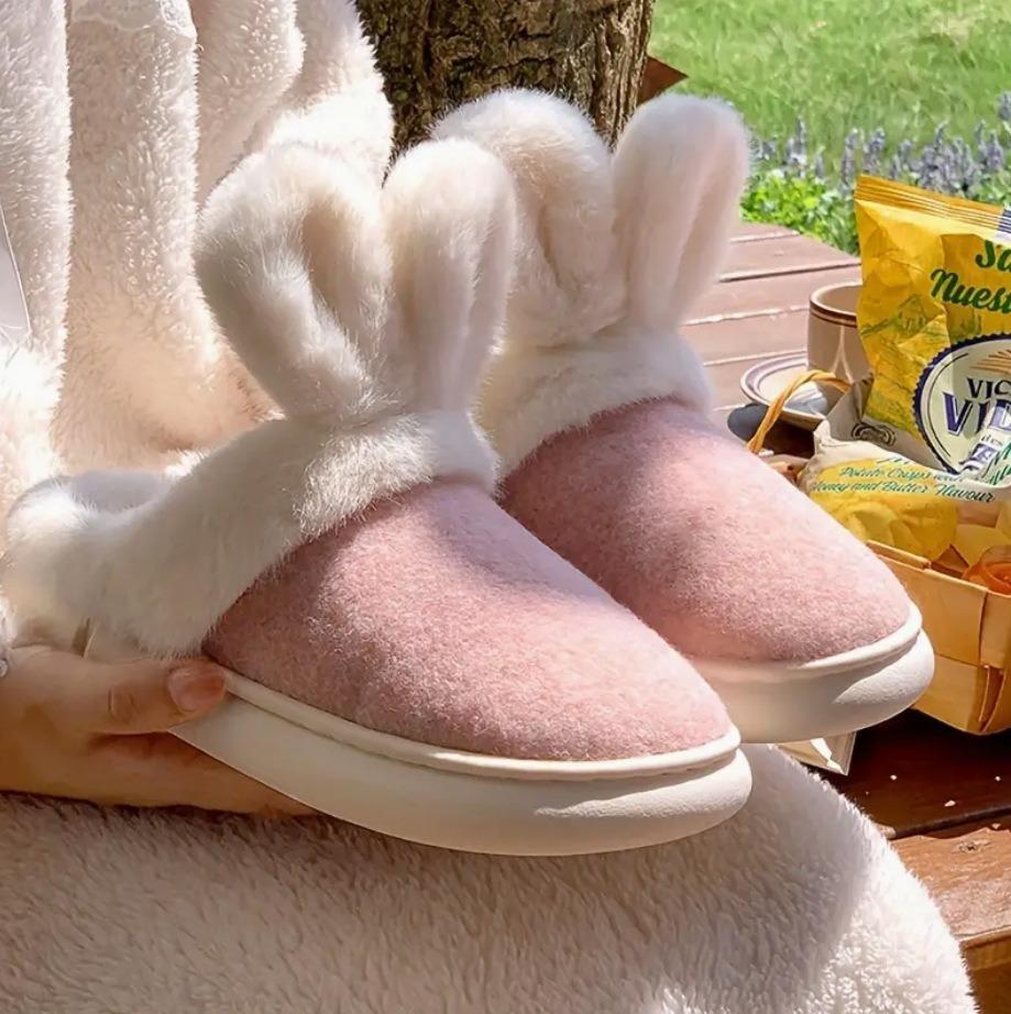 Милые хлопковые тапочки с заячьими ушками, женская зимняя домашняя одежда, бархат, удобная толстая подошва, парные тапочки с ощущением, что вы наступили на дерьмо розовый