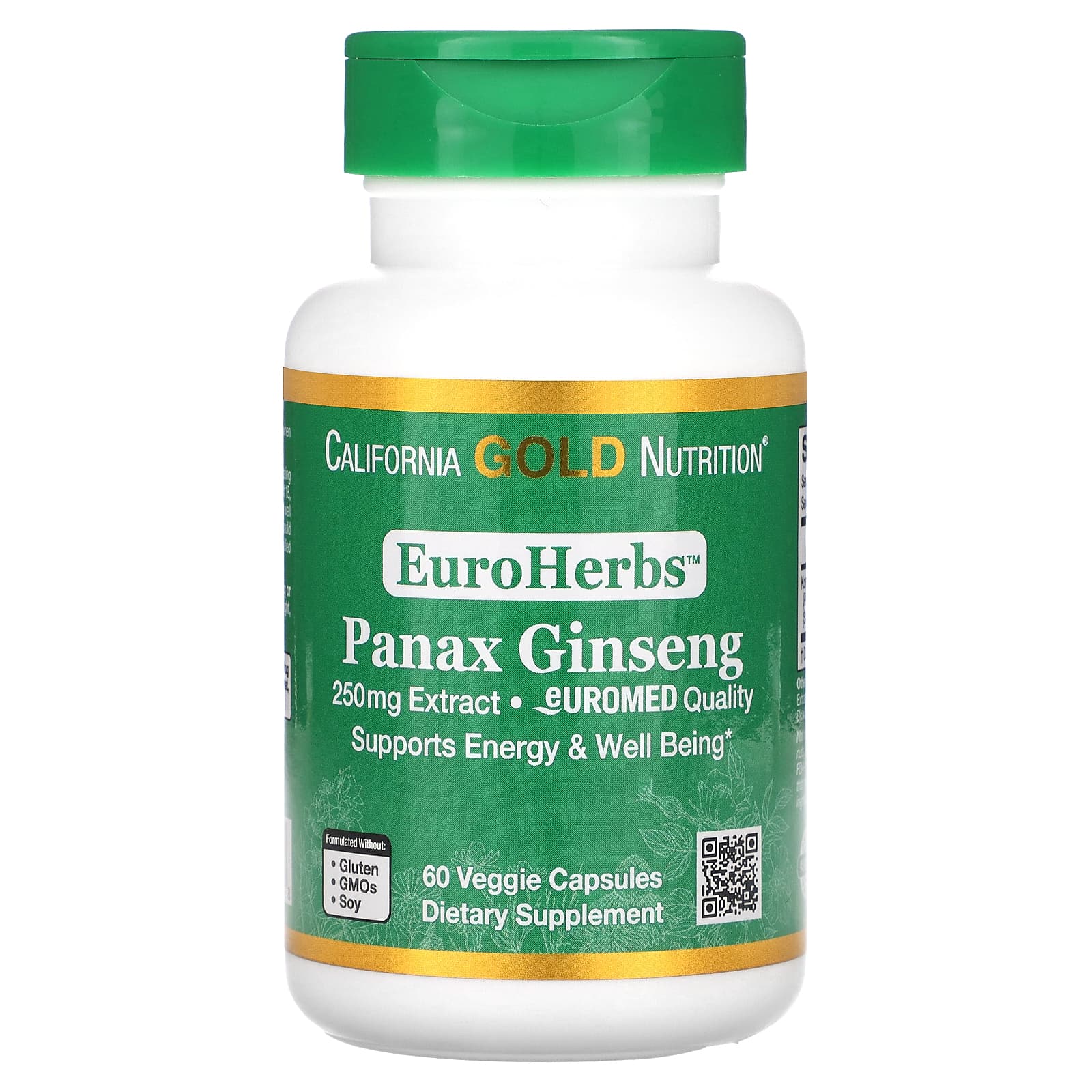California Gold Nutrition, EuroHerbs, Ginseng Extract, EuroMed Quality, 250 mg, 60 Veggie Capsules
California Gold Nutrition, EuroHerbs, Ginseng Extract, EuroMed Quality, 250 mg, 60 Veggie Capsules