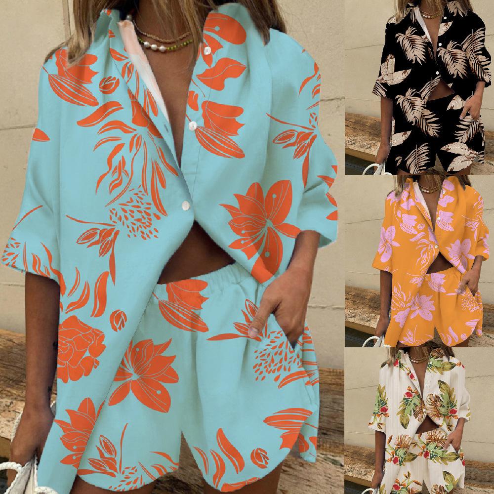Women s Lapel Short-sleeved Printed Shirt Two-piece Wide-leg Elastic Waist Pants Shorts
Women s Lapel Short-sleeved Printed Shirt Two-piece Wide-leg Elastic Waist Pants Shorts