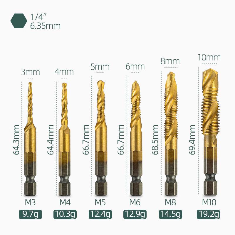 6pcs Hex Shank Titanium Plated HSS Screw Thread Metric Tap Drill Bits Screw Machine Compound Tap M3 M4 M5 M6 M8 M10 Hand Tools
6pcs Hex Shank Titanium Plated HSS Screw Thread Metric Tap Drill Bits Screw Machine Compound Tap M3 M4 M5 M6 M8 M10 Hand Tools