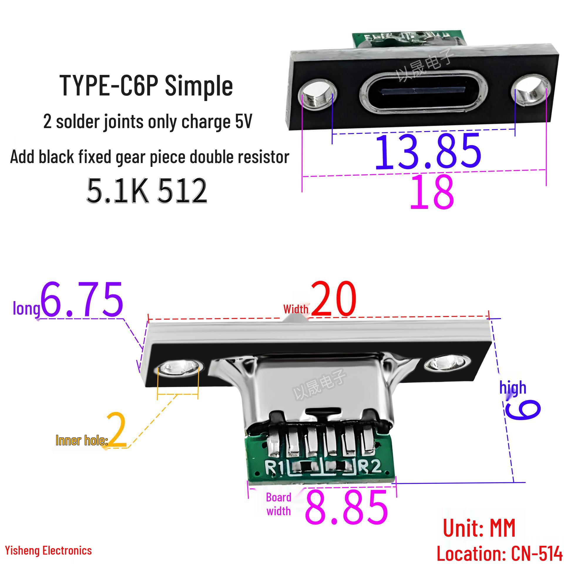 USB Type-C 6P Female Port, 5V Charging, Black Mounting Tab, Dual 5.1K Resistors, Two Solder Points
USB Type-C 6P Female Port, 5V Charging, Black Mounting Tab, Dual 5.1K Resistors, Two Solder Points