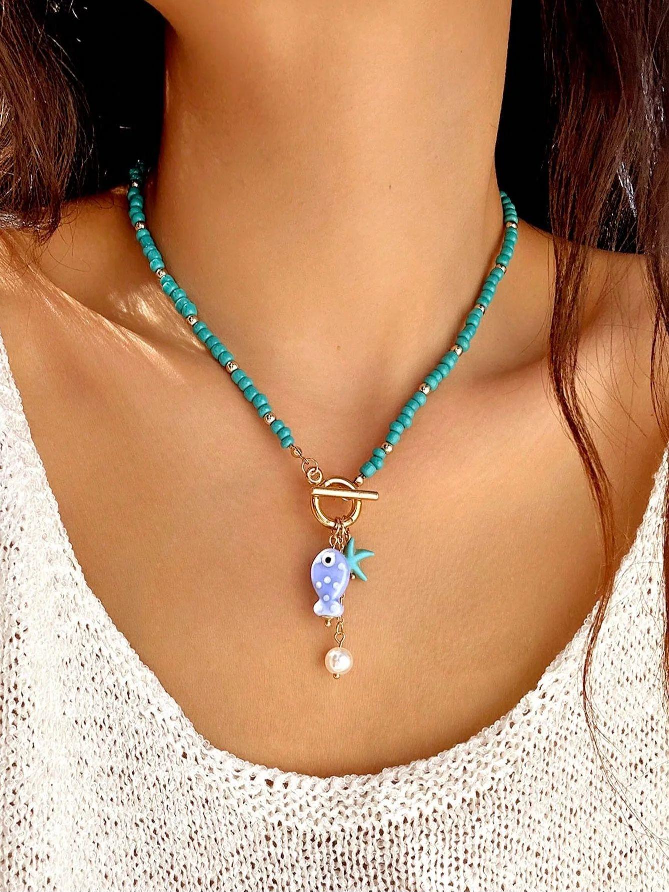 Bohemian Colorful Summer Ceramic Fish & Starfish Tassel Pearl Beads OT Clasp Necklace with Colored Rice Beads, Lightweight Beach
Bohemian Colorful Summer Ceramic Fish & Starfish Tassel Pearl Beads OT Clasp Necklace with Colored Rice Beads, Lightweight Beach