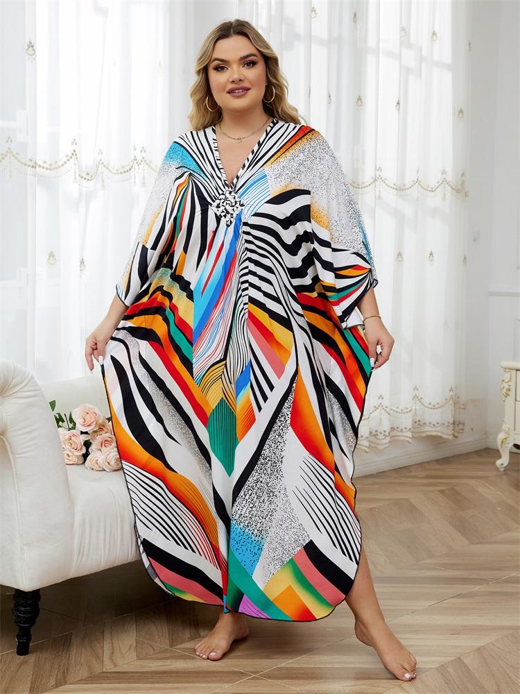EDOLYNSA Кафтан больших размеров, женское длинное пляжное платье с принтом в стиле бохо, лето 2024, с v-образным вырезом и рукавами «летучая мышь», легкий домашний халат, пляжная одежда, купальник, накидка One Size разноцветный