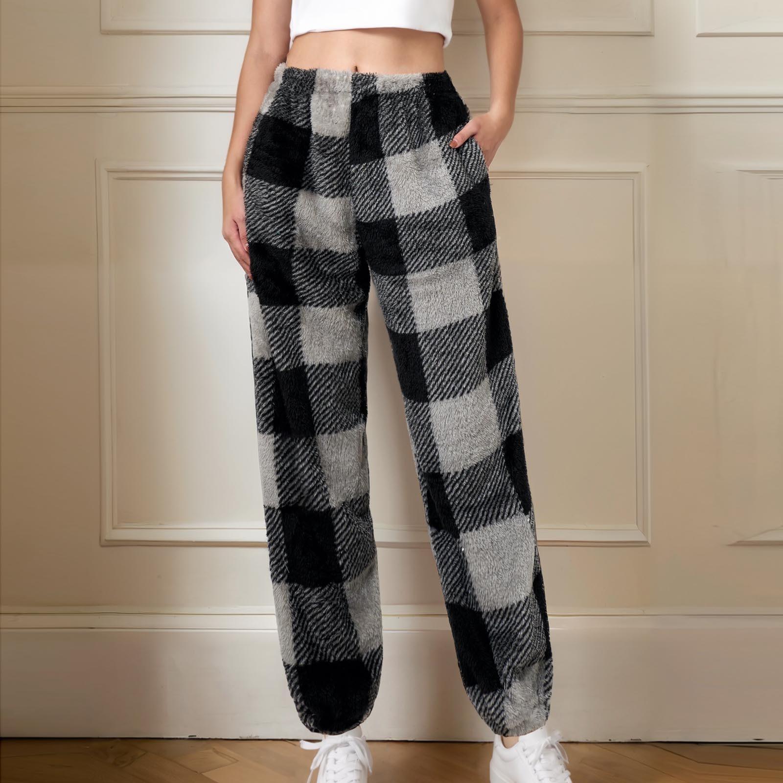 Женские пижамные штаны, плюшевые пижамные штаны с мягкой эластичной талией, пижамные штаны с клетчатым принтом и 2 карманами S чёрный