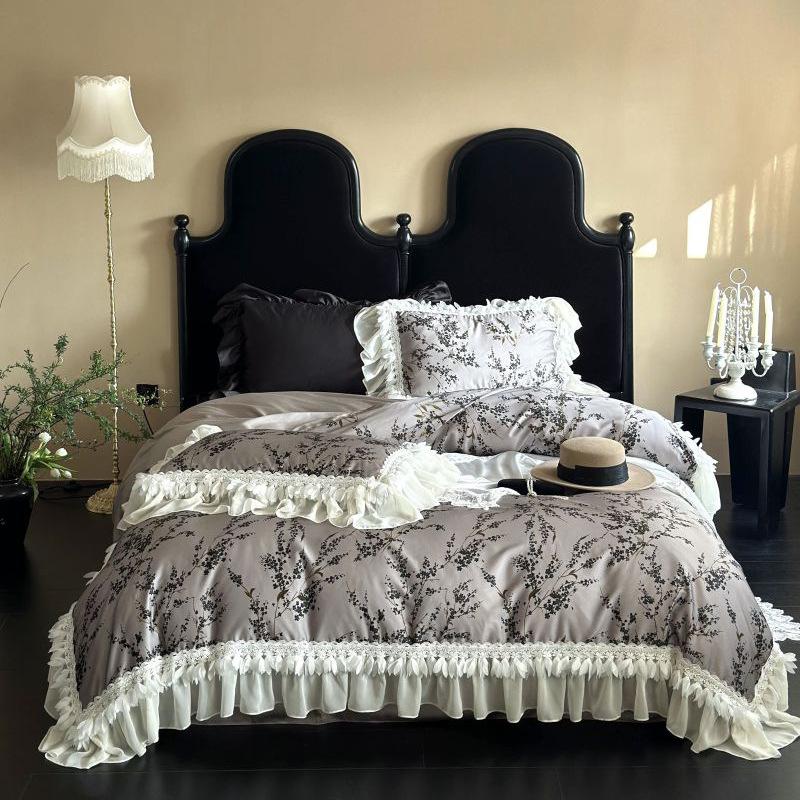 Постельное белье из хлопка тенсель, комплект из четырех предметов, средневековая легкая роскошь, модный ретро-принт с шифоновым кружевом, шелковисто-гладкий пододеяльник и простыни 1.5m/1.8m bed