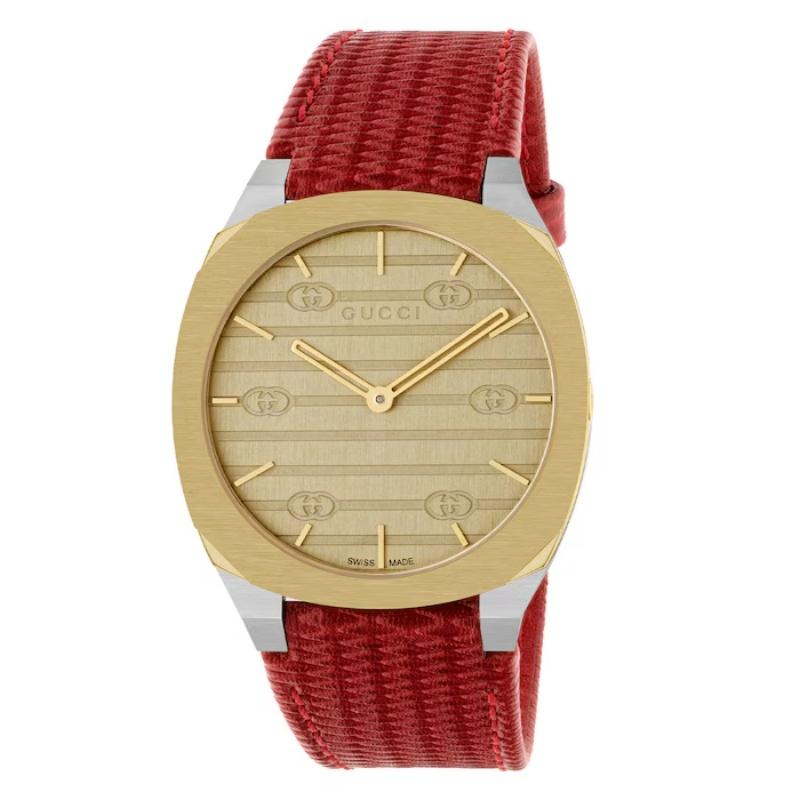Gucci 25H Gold Dial Watch Red Leather Strap YA163415 червоний
Gucci 25H Gold Dial Watch Red Leather Strap YA163415 червоний