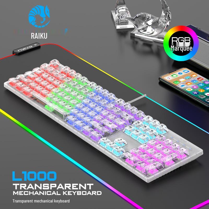 RAIKU L1000 RGB Gaming Mechanical Keyboard, Transparent, Detachable Cable, 104 Keys.
RAIKU L1000 RGB Gaming Mechanical Keyboard, Transparent, Detachable Cable, 104 Keys.