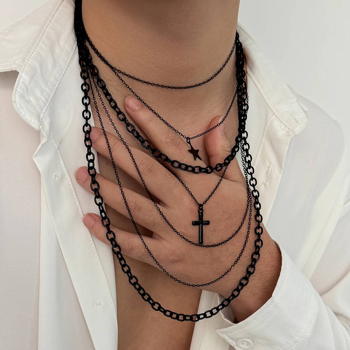 SHIXIN Punk Style Multi Layer Metal Chain Chokers Necklaces for Men Gothic Black Pentagram Cross Pendant Necklace Male Jewelry чорний
SHIXIN Punk Style Multi Layer Metal Chain Chokers Necklaces for Men Gothic Black Pentagram Cross Pendant Necklace Male Jewelry чорний