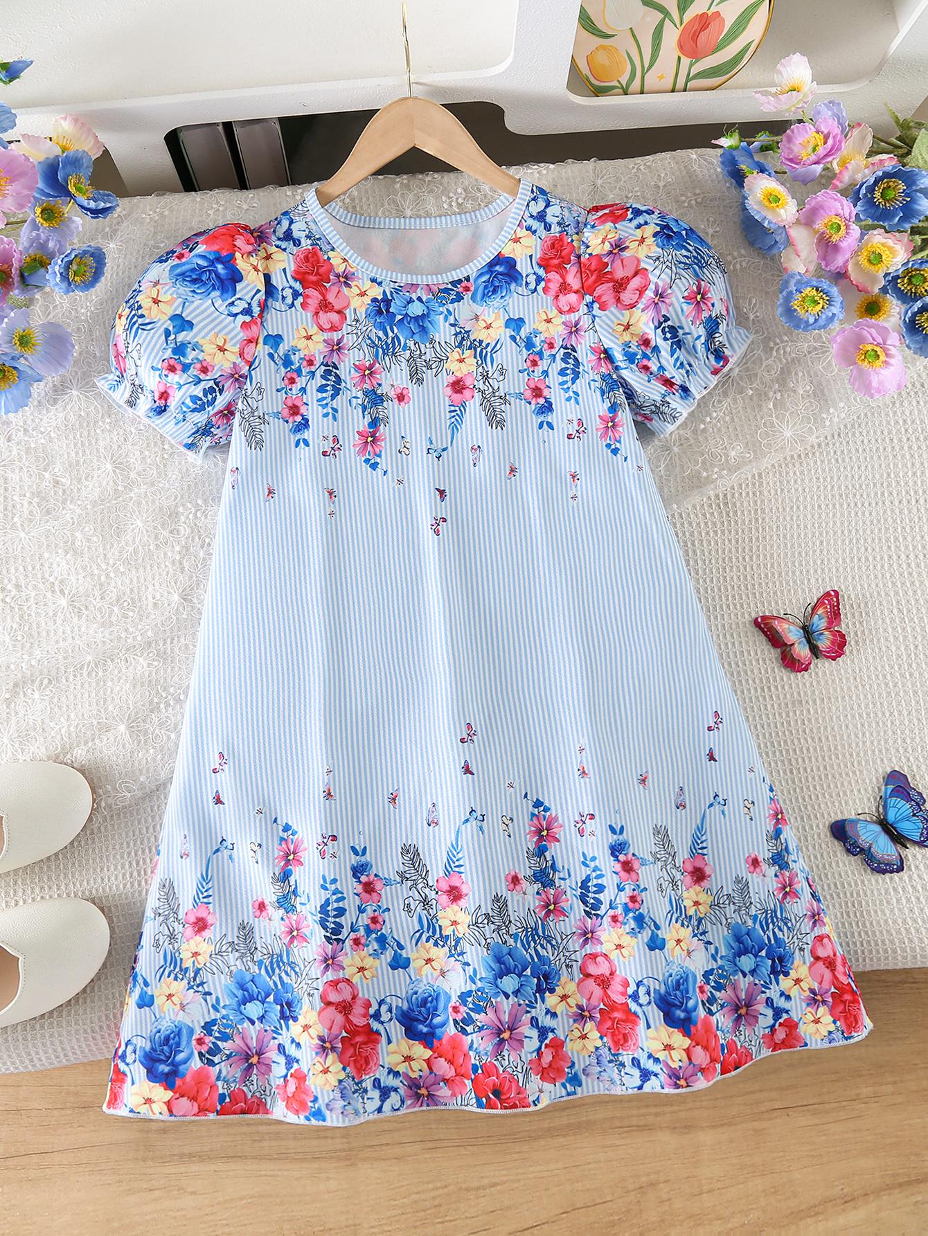 Tween Girls Casual A-Line Dress: Light Blue, Striped Design with Floral & Butterfly Patterns, Crew Neck, and Puff Sleeves (Spring/Summer Style) 12Y небо синє кольору
Tween Girls Casual A-Line Dress: Light Blue, Striped Design with Floral & Butterfly Patterns, Crew Neck, and Puff Sleeves (Spring/Summer Style) 12Y небо синє кольору