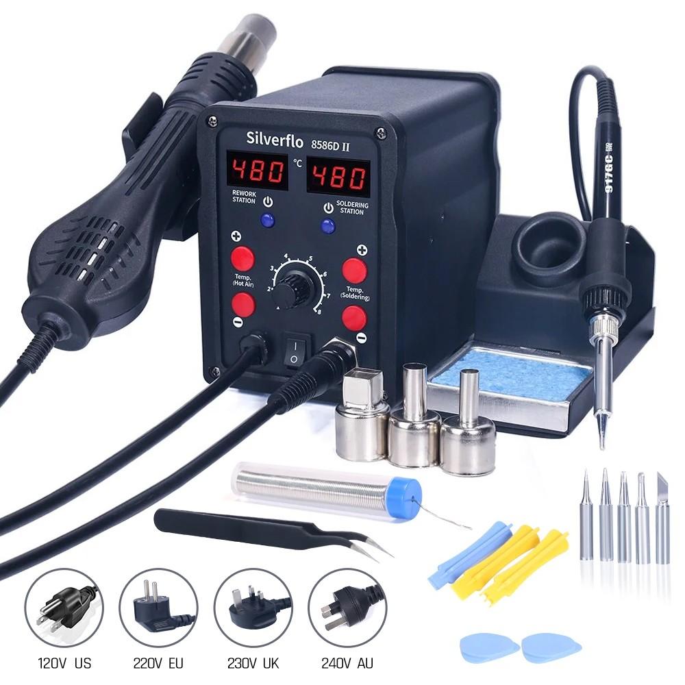 Паяльная станция Silverflo 8586D 2 в 1, паяльная станция с термофеном и 2 цифровыми дисплеями, 10-минутный режим сна для ремонта SMD 240VAU
Паяльная станция Silverflo 8586D 2 в 1, паяльная станция с термофеном и 2 цифровыми дисплеями, 10-минутный режим сна для ремонта SMD 240VAU