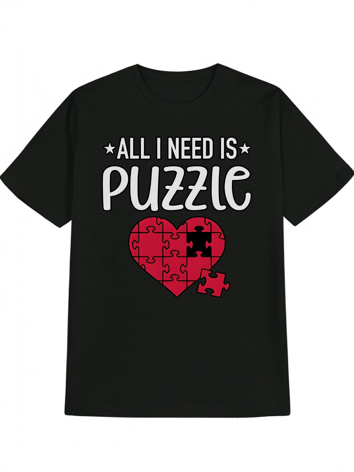Casual Round Neck T-shirt - All I Need Is Puzzle Black Graphic Tee with White Stars & Red Heart Puzzle Design L
Casual Round Neck T-shirt - All I Need Is Puzzle Black Graphic Tee with White Stars & Red Heart Puzzle Design L