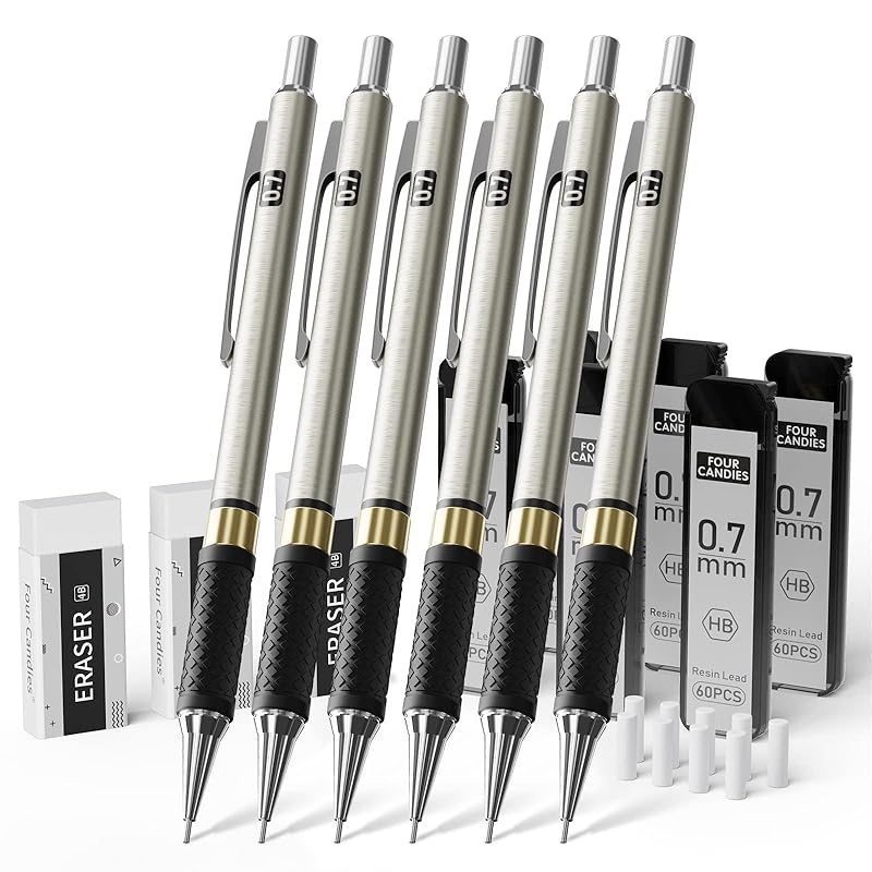 Four Candies metal mechanical pencil set - 6 pieces of 0.7mm art mechanical pencils, 360 pieces of HB refills, 3 pieces of erasers, and 9 pieces of
Four Candies metal mechanical pencil set - 6 pieces of 0.7mm art mechanical pencils, 360 pieces of HB refills, 3 pieces of erasers, and 9 pieces of