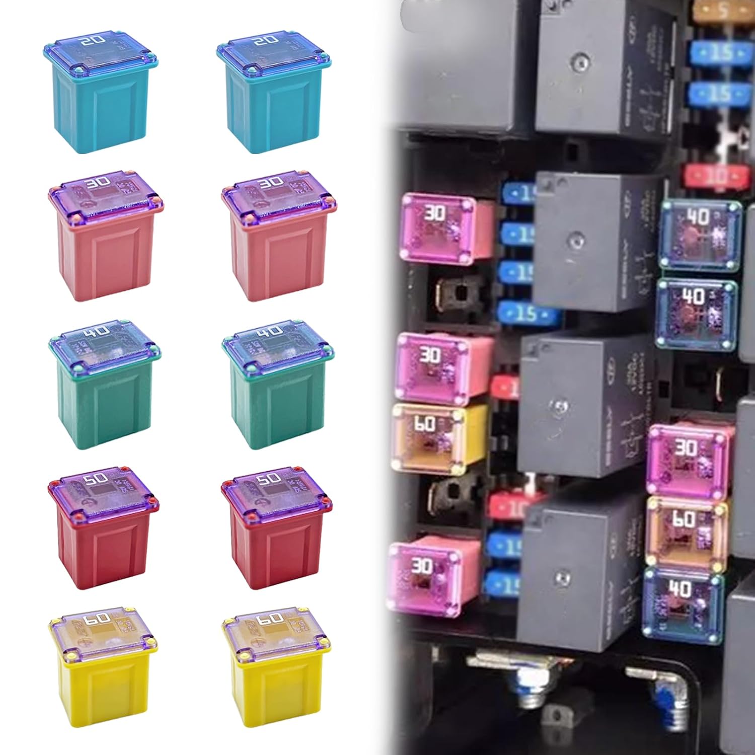 10PCS Jcase Fuse Kit, Box Shaped Micro Cartridge Fuses Kit, Compatible with Toyota Chevy Ford Nissan (20A/30A/40A/50A/60A, Low) Low
10PCS Jcase Fuse Kit, Box Shaped Micro Cartridge Fuses Kit, Compatible with Toyota Chevy Ford Nissan (20A/30A/40A/50A/60A, Low) Low
