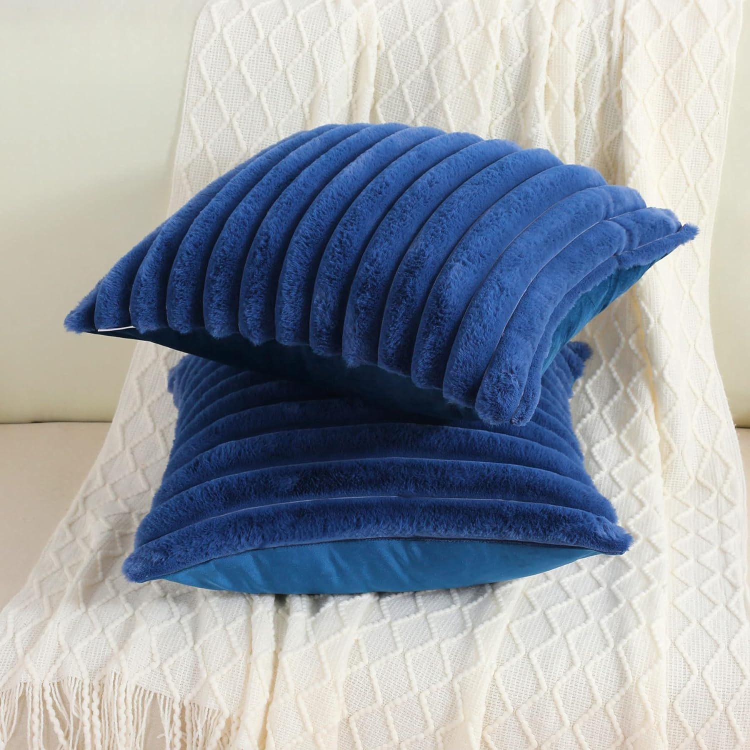 Наволочка, Стиль кроличьего меха, Однотонная, Плюшевая с вертикальной полоской, Скандинавская прямоугольная наволочка, Наволочка 60*60 1pc темно-синий