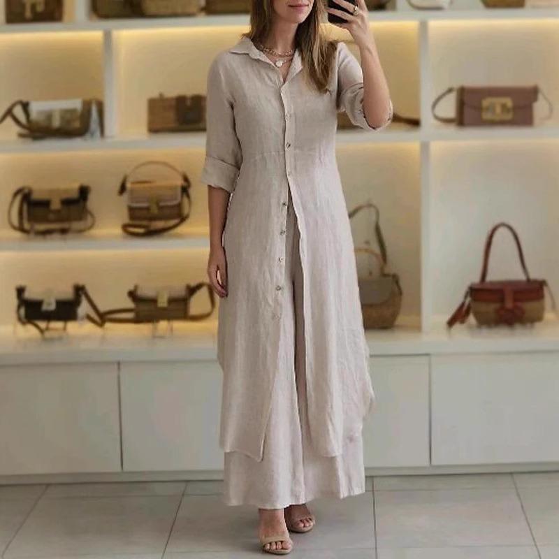 European and American women s clothing new summer and autumn urban elegance cotton and linen slim waist long-sleeved shirt wide-leg pants suit women S
European and American women s clothing new summer and autumn urban elegance cotton and linen slim waist long-sleeved shirt wide-leg pants suit women S