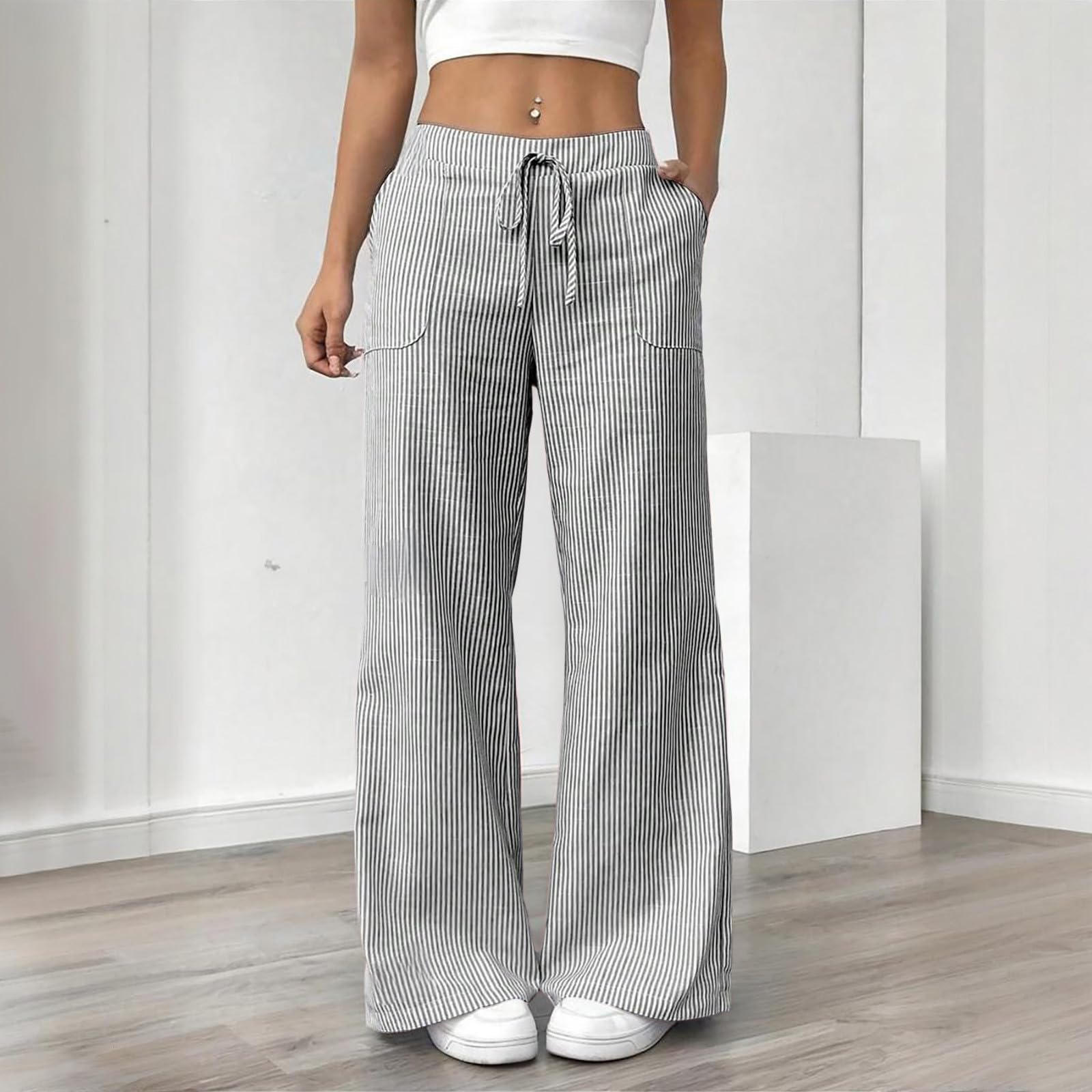 Women s Striped Linen Wide Leg Pants, High Waist Drawstring Casual Palazzo Trousers With Pockets, Summer Loose Fit Pants L чёрный
Women s Striped Linen Wide Leg Pants, High Waist Drawstring Casual Palazzo Trousers With Pockets, Summer Loose Fit Pants L чёрный