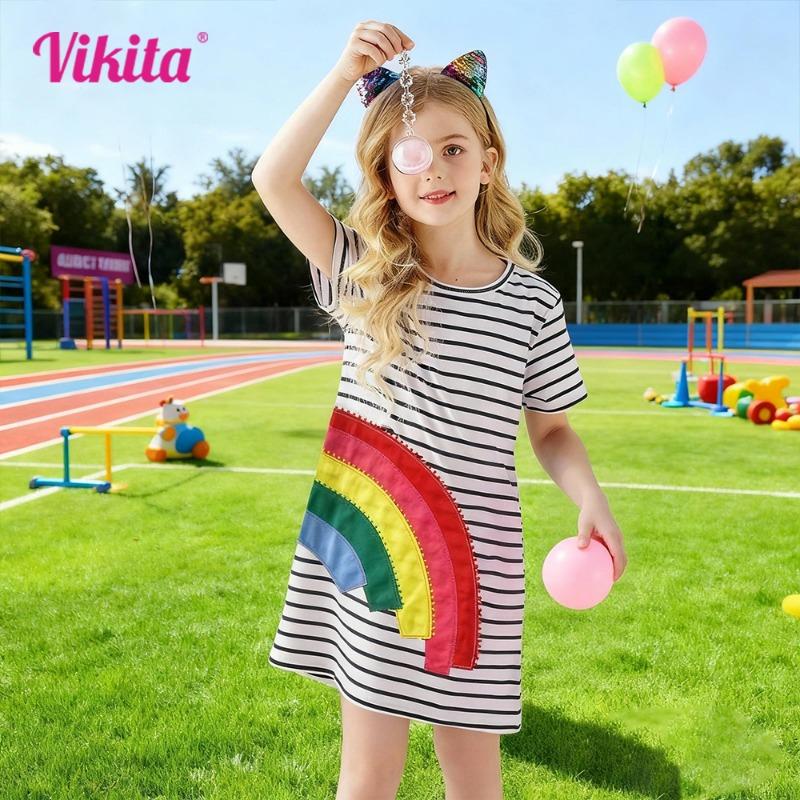 VIKITA Girl Short Sleeve Striped Dress for Summer Kids Rainbow Appliqued Cotton Casual 110
VIKITA Girl Short Sleeve Striped Dress for Summer Kids Rainbow Appliqued Cotton Casual 110