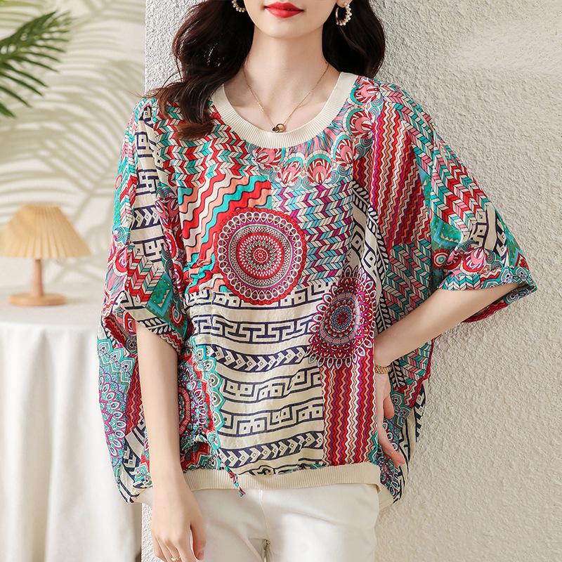 2023 Лето Женская Свободная Футболка Батал из Тенселя и Хлопка с Рукавами Летучая Мышь и Солнцезащитой M