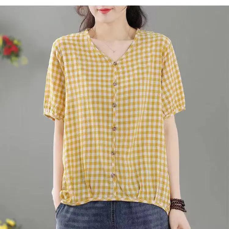 Женская летняя хлопковая дышащая футболка с коротким рукавом, литературный свободный клетчатый пуловер XS
Женская летняя хлопковая дышащая футболка с коротким рукавом, литературный свободный клетчатый пуловер XS