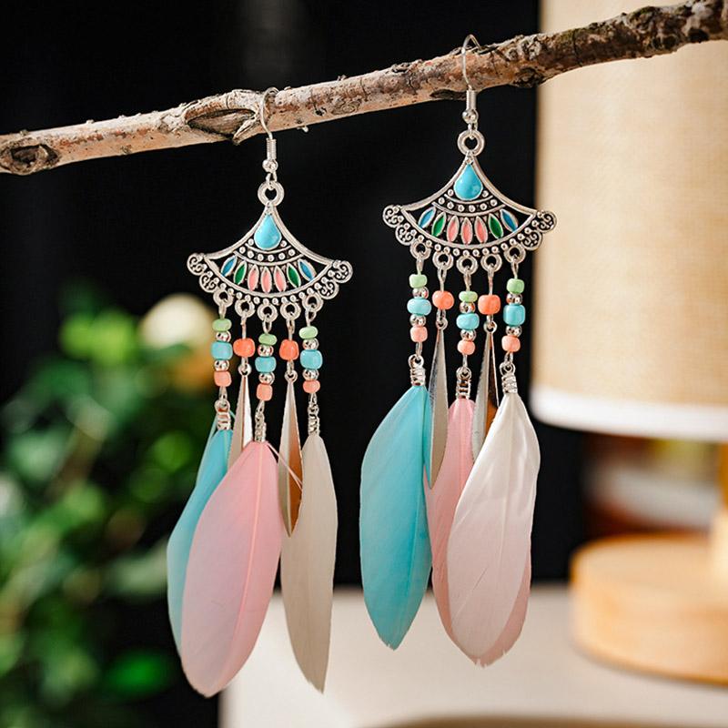 New Fan-Shaped Ethnic Long Feather Earrings for Women Boho Drop Oil Rice Bead Silver Color Metal Earring Vacation Party Jewelry
New Fan-Shaped Ethnic Long Feather Earrings for Women Boho Drop Oil Rice Bead Silver Color Metal Earring Vacation Party Jewelry