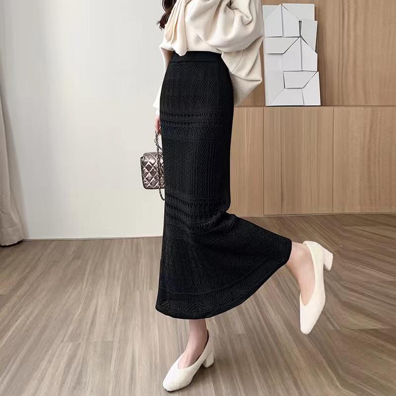 Qooth женская кружевная полая юбка-карандаш, элегантная эластичная талия, миди, бедра, юбка на все сезоны One Size чёрный