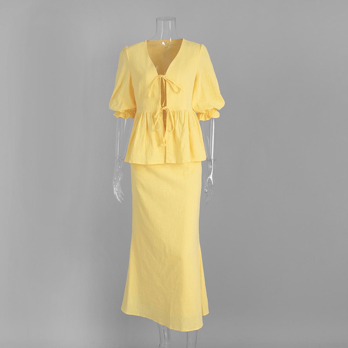 Женский желтый топ с V-образным вырезом и рукавами-пузырями, с оборками, и подходящий комплект с длинной юбкой M жёлтый
Женский желтый топ с V-образным вырезом и рукавами-пузырями, с оборками, и подходящий комплект с длинной юбкой M жёлтый