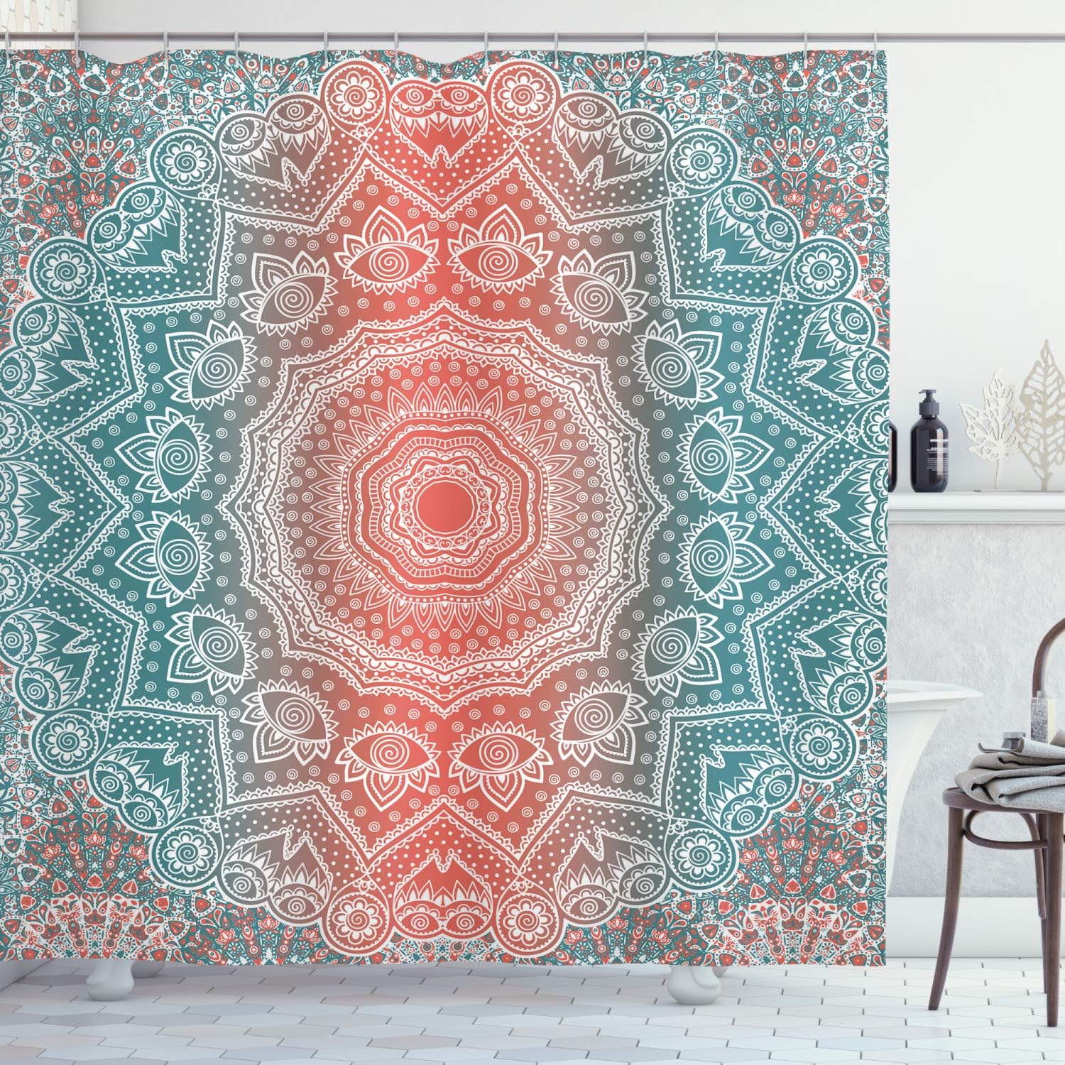 Coral And Blue-Brown Shower Curtain Tribal Mandala Geometric Gradient Fabric Bathroom Decorative Shower Curtain With Hooks W60H190(CM)-1 Pcs
Coral And Blue-Brown Shower Curtain Tribal Mandala Geometric Gradient Fabric Bathroom Decorative Shower Curtain With Hooks W60H190(CM)-1 Pcs