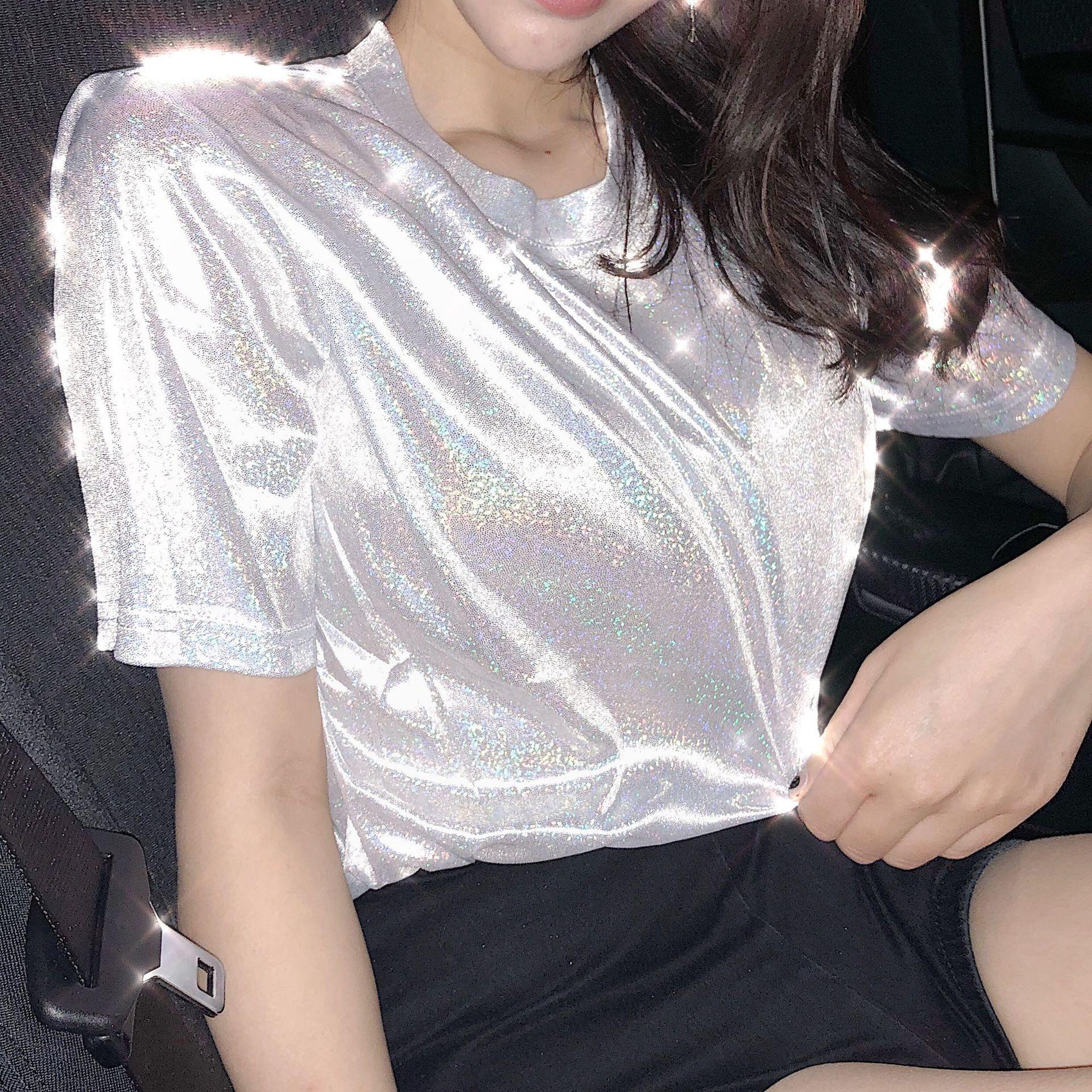 Women s Mid-Length Sparkly T-Shirt Dress - Bright Silk, Short Sleeve, Summer One Size 
Women s Mid-Length Sparkly T-Shirt Dress - Bright Silk, Short Sleeve, Summer One Size