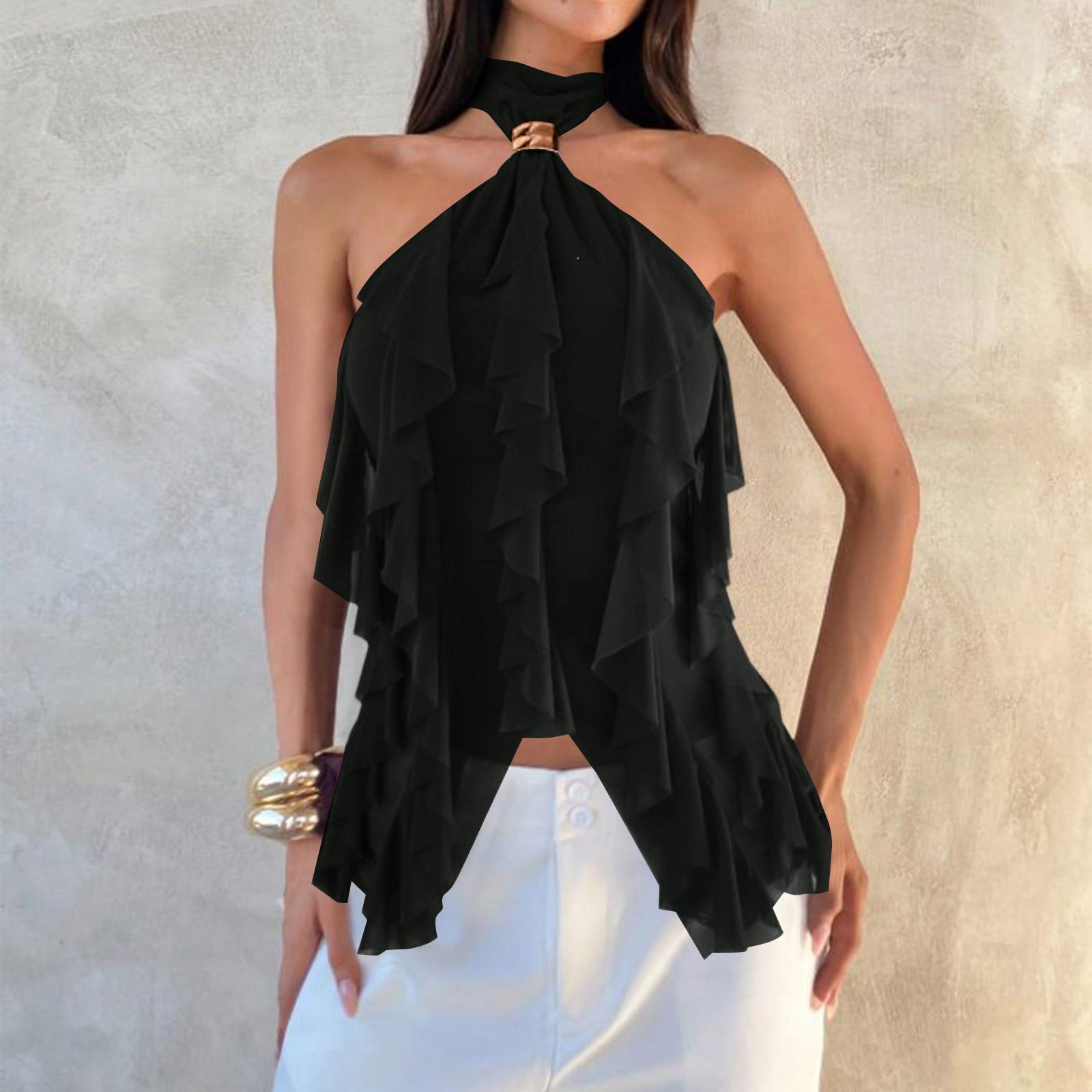 Women Sleeveless Halter Neck Ruffle Layered Backless Top Casual Summer Blouse Lightweight Soft Fabric M чёрный
Women Sleeveless Halter Neck Ruffle Layered Backless Top Casual Summer Blouse Lightweight Soft Fabric M чёрный
