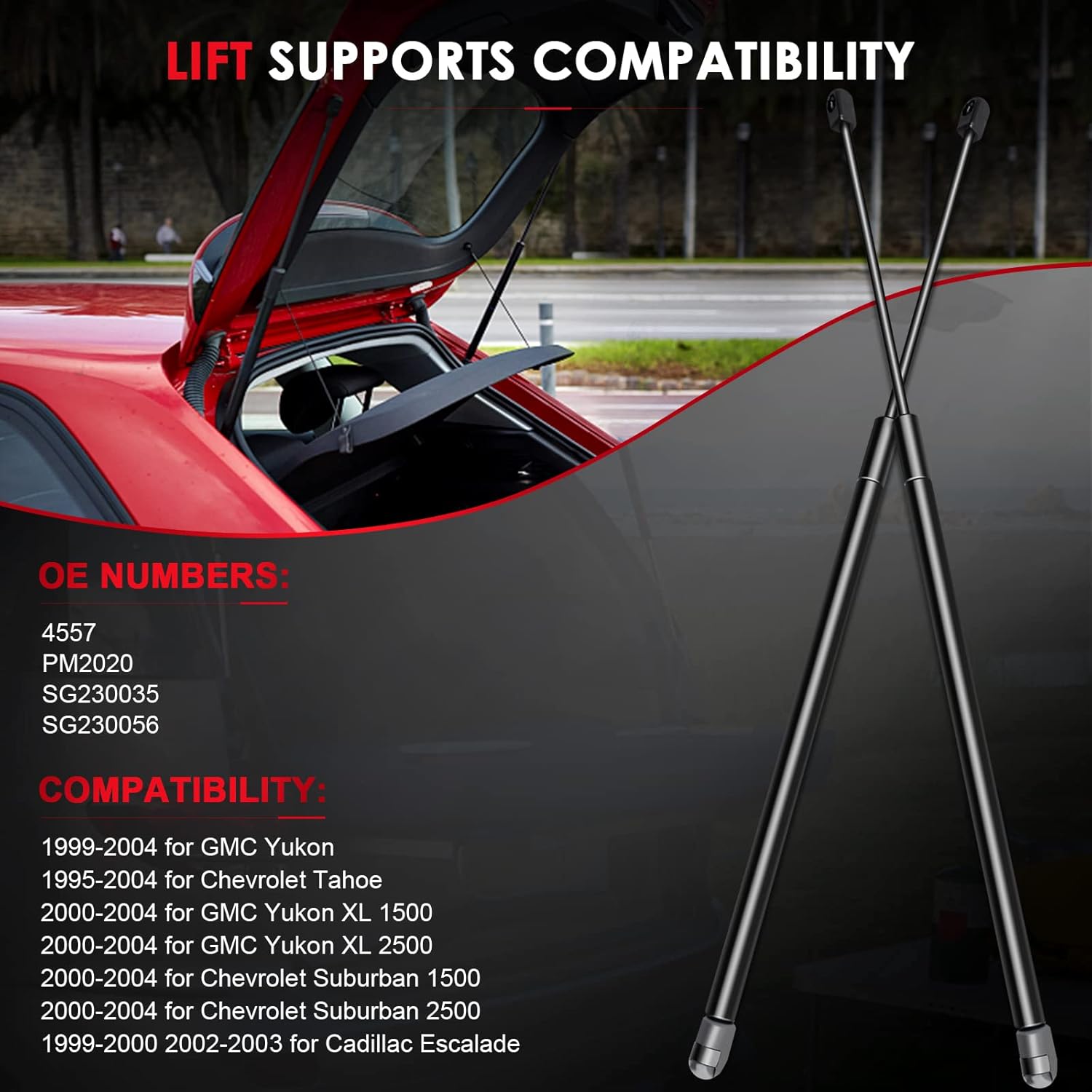 2 Pcs Rear Hatch Liftgate Lift Supports Struts Shocks 4557 for 99-04 for Cadillac Escalade, 00-04 for Chevy Suburban, 95-04 for Chevy Tahoe, 99-04
2 Pcs Rear Hatch Liftgate Lift Supports Struts Shocks 4557 for 99-04 for Cadillac Escalade, 00-04 for Chevy Suburban, 95-04 for Chevy Tahoe, 99-04