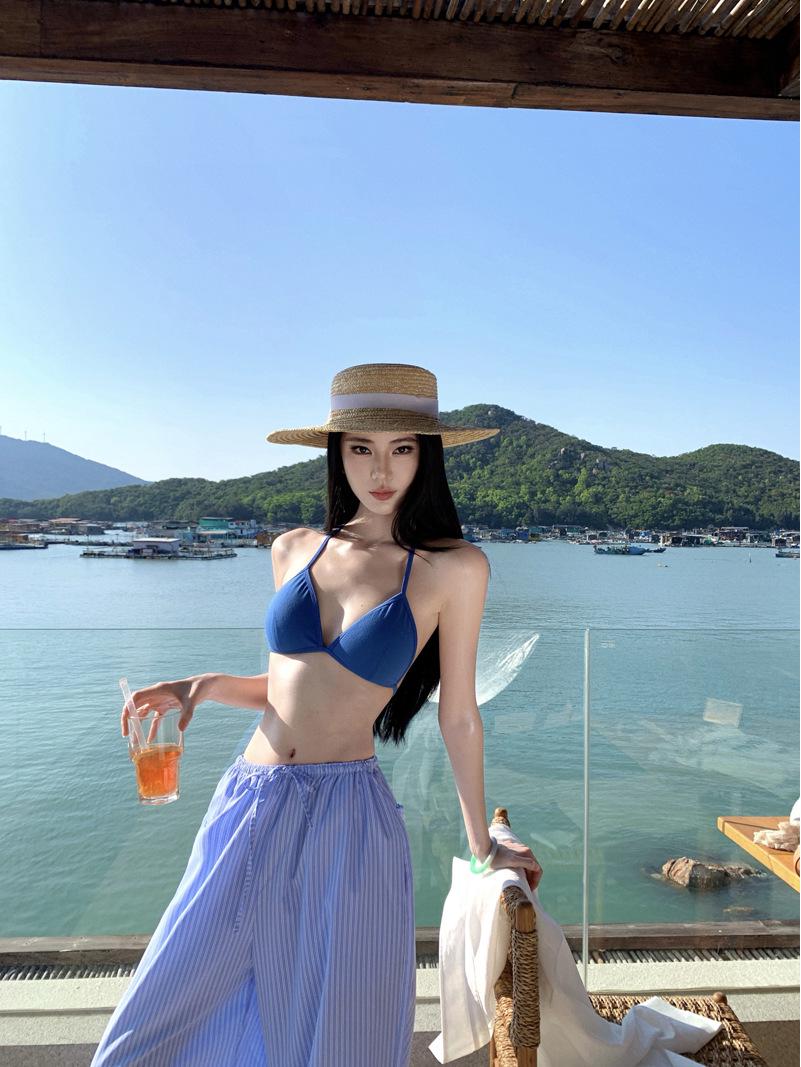 Blue Halterneck Triangle Bikini with Sun Protection and Cover-Up, Paired with Blue Striped Pants Small
Blue Halterneck Triangle Bikini with Sun Protection and Cover-Up, Paired with Blue Striped Pants Small