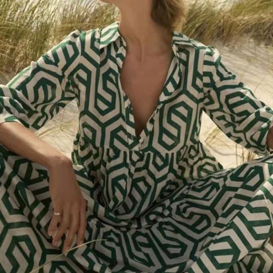 Женское платье миди с рукавами три четверти с лацканами и геометрическим принтом контрастного цвета, трапециевидное платье со свободным подолом, лоскутное женское платье до середины икры 
Женское платье миди с рукавами три четверти с лацканами и геометрическим принтом контрастного цвета, трапециевидное платье со свободным подолом, лоскутное женское платье до середины икры