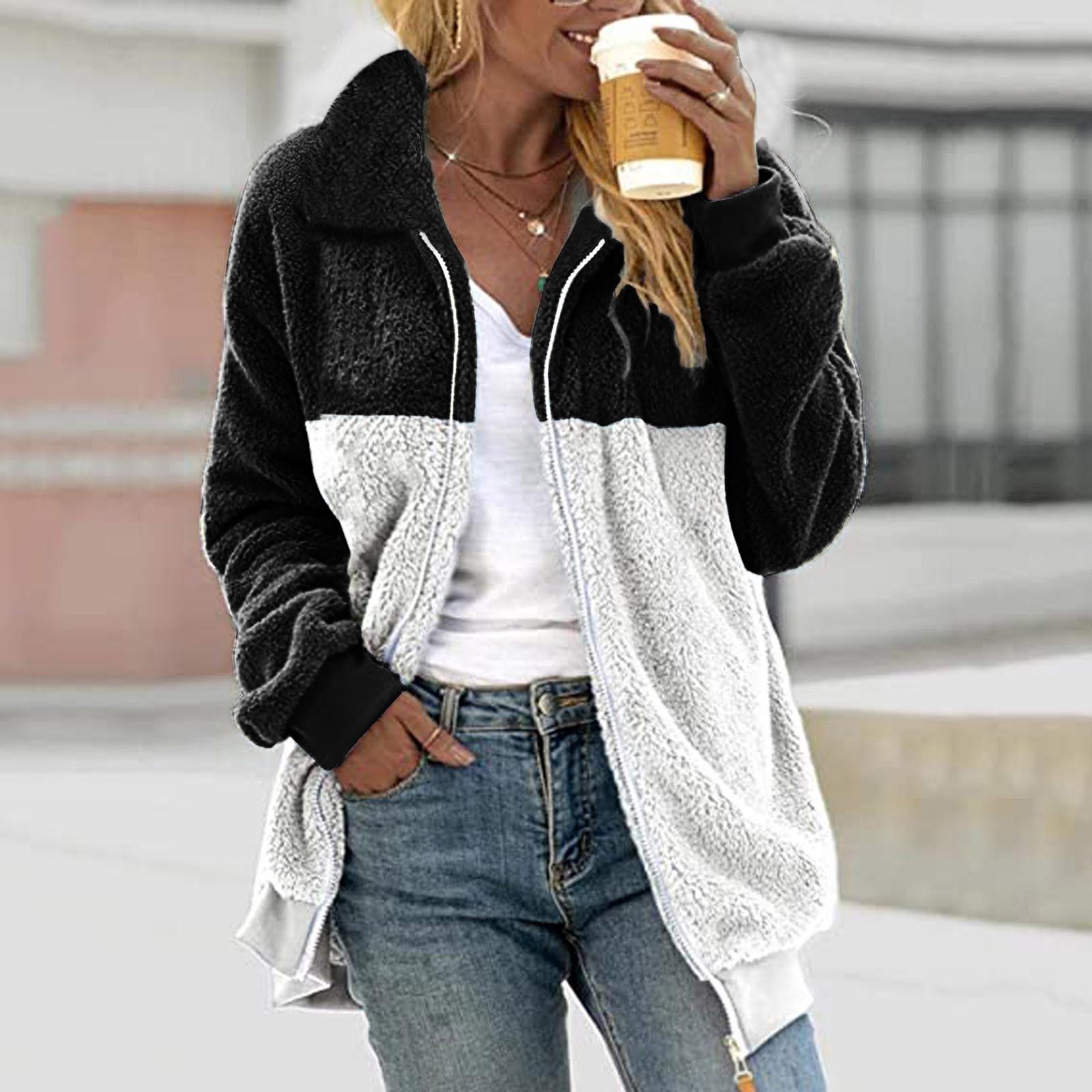 Женская повседневная свободная плюшевая куртка с цветными блоками на молнии с отложным воротником и карманами L чёрный