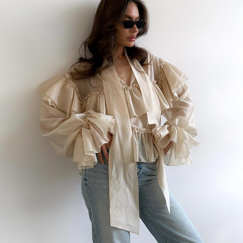 New Spring Summer V-Neck Ruffled Loose Shirt White Women Sheer Tiered Blouse With Tie Neck Bell Sleeves L хакі
New Spring Summer V-Neck Ruffled Loose Shirt White Women Sheer Tiered Blouse With Tie Neck Bell Sleeves L хакі
