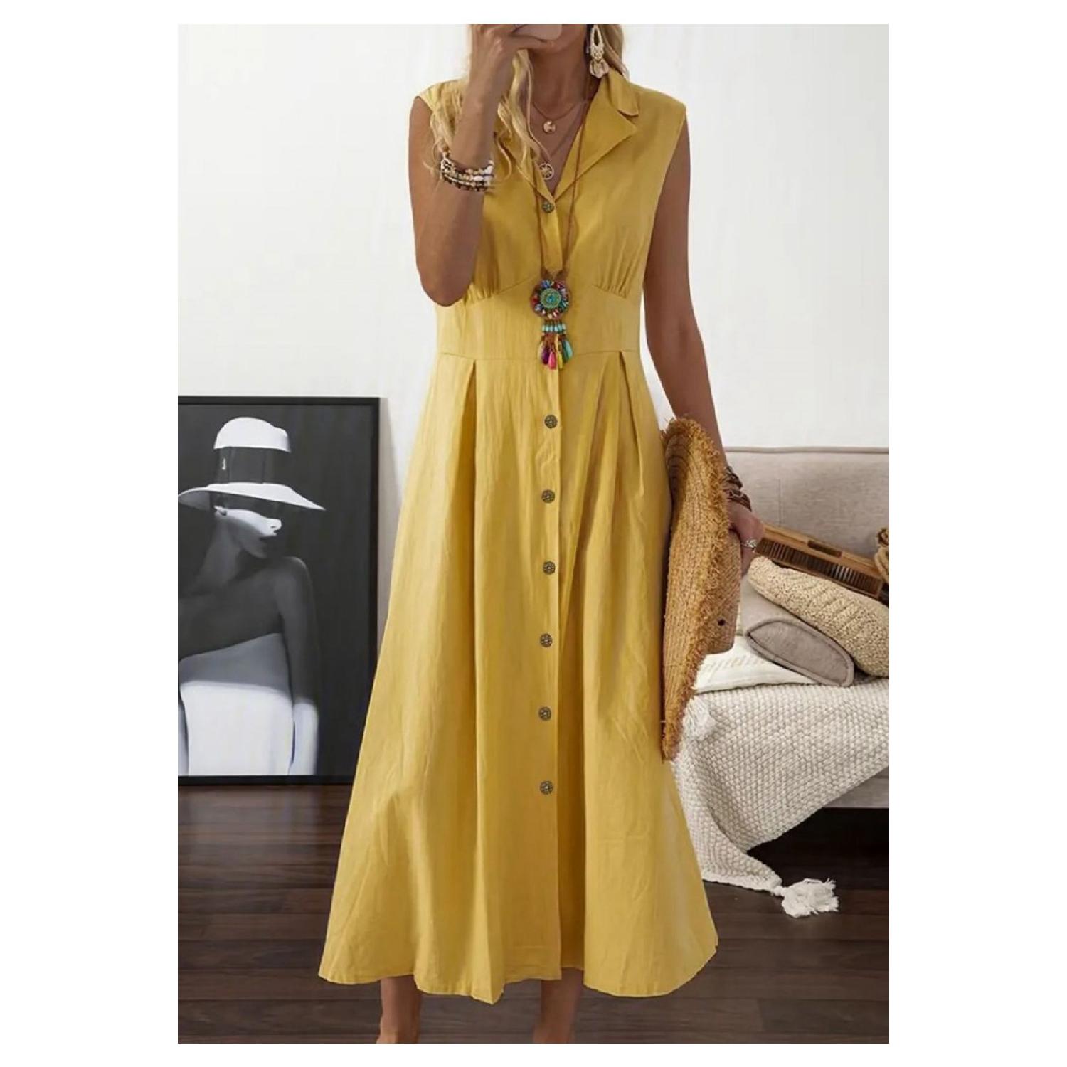 Женское льняное платье макси без рукавов с рубашечным воротником и пуговицами спереди S/M жёлтый 
Женское льняное платье макси без рукавов с рубашечным воротником и пуговицами спереди S/M жёлтый
