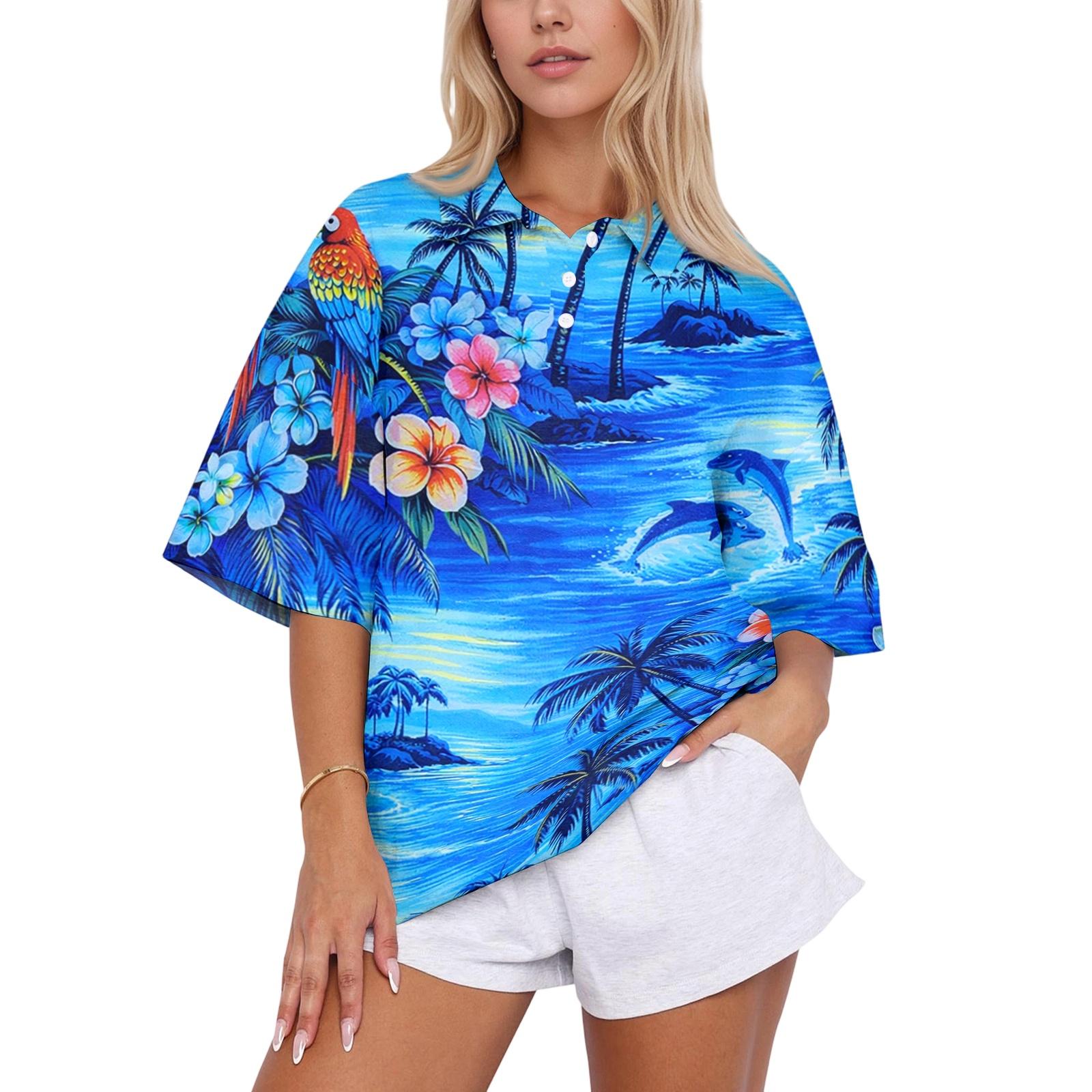 Women Casual Polo Shirt Loose Fit Short Sleeve Button Down Collar Tropical Print Summer Top L синий
Women Casual Polo Shirt Loose Fit Short Sleeve Button Down Collar Tropical Print Summer Top L синий