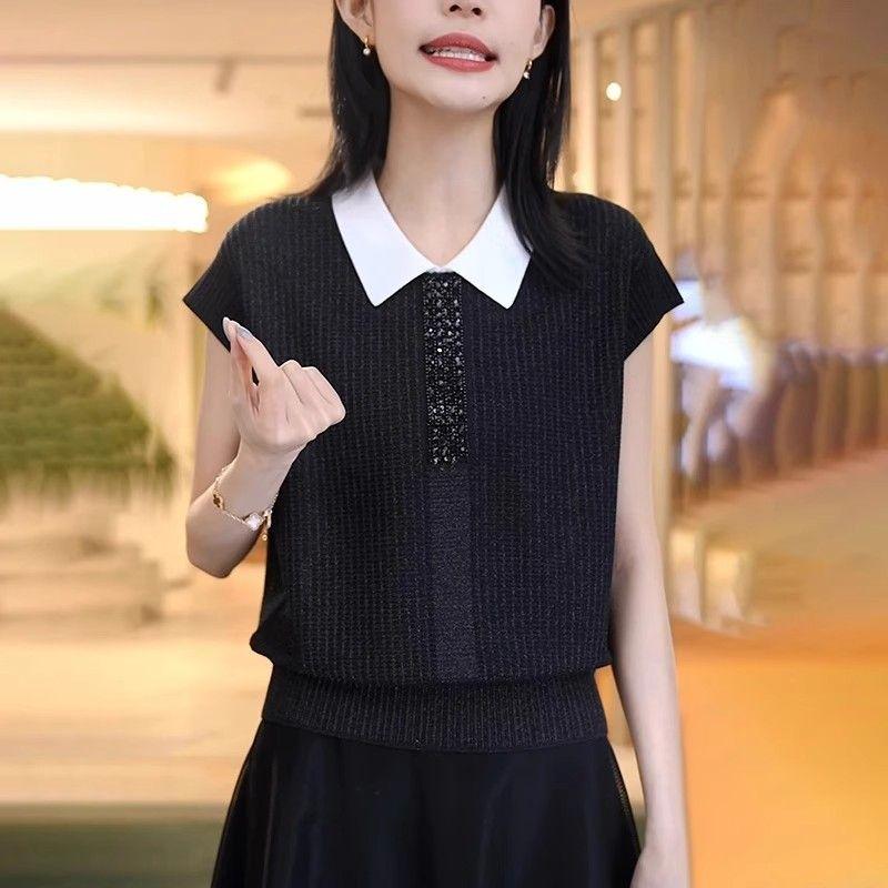 Short sleeve Women Summer 2025 New Loose Slimming Younger Lapel Color Matching T-shirt Fashion Western Style Ice Silk Top Black M
Short sleeve Women Summer 2025 New Loose Slimming Younger Lapel Color Matching T-shirt Fashion Western Style Ice Silk Top Black M