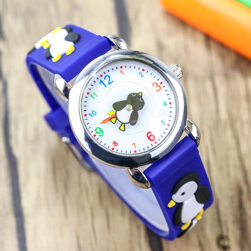 Детские часы в корейском стиле с милым пингвином в Q-версии и мягким ремешком – Безопасные для детского сада для мальчиков и девочек, Электронные часы для учеников начальной школы темно-синий