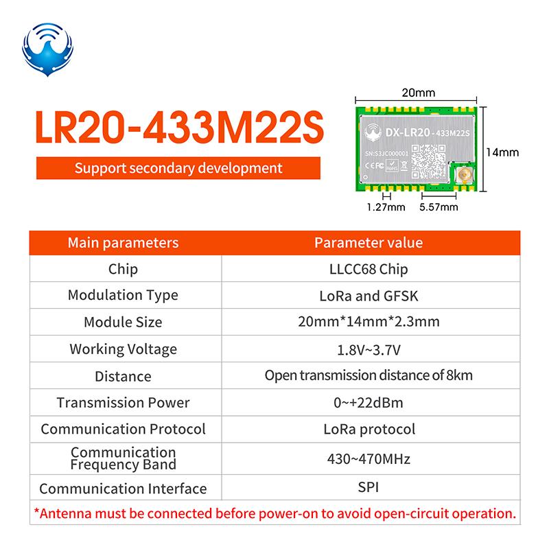 LLCC68 LoRa Wireless Module 868Mhz 915Mhz 433 475Mhz DX-LR20 22dBm 8KM Long Range SMD RF Module Power Supply LR20 433M22S
LLCC68 LoRa Wireless Module 868Mhz 915Mhz 433 475Mhz DX-LR20 22dBm 8KM Long Range SMD RF Module Power Supply LR20 433M22S