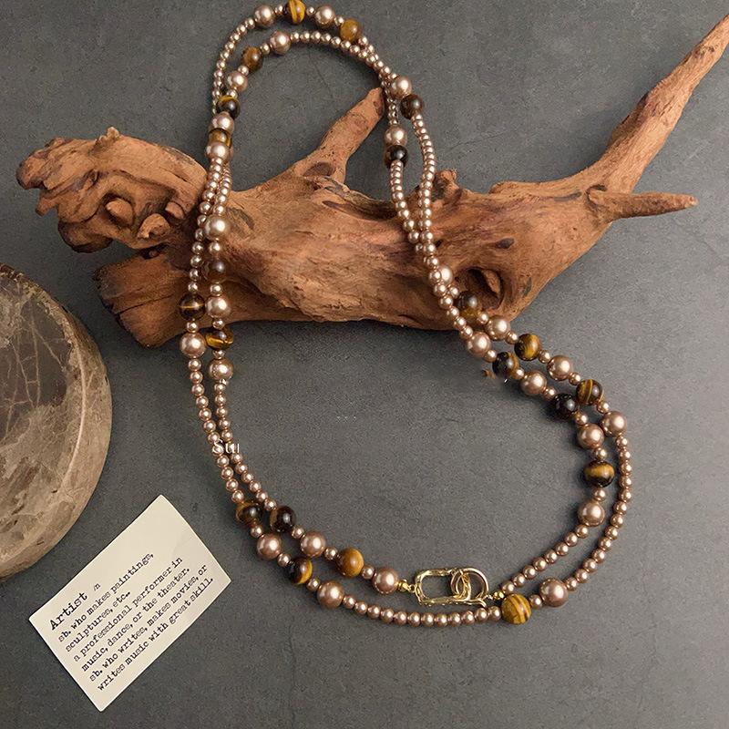 Size Pearl Tiger s Eye Stone Sweater Necklace Vintage Maillard Temperament Necklace Autumn and Winter Fashion Versatile Cover 
Size Pearl Tiger s Eye Stone Sweater Necklace Vintage Maillard Temperament Necklace Autumn and Winter Fashion Versatile Cover